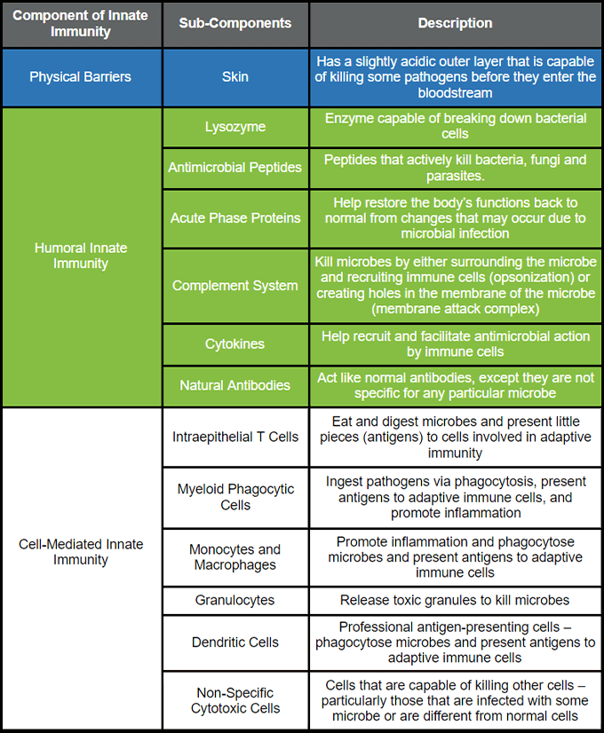 Components of Innate Immunity - Data Table Image