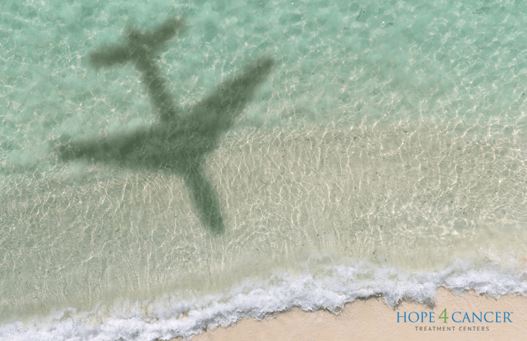 Shadow of plane flying over ocean and sandy beach