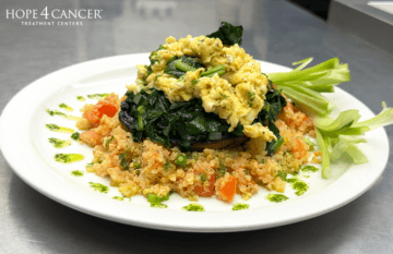 Portobello breakfast plated with cilantro oil