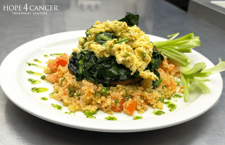 Portobello breakfast plated with cilantro oil