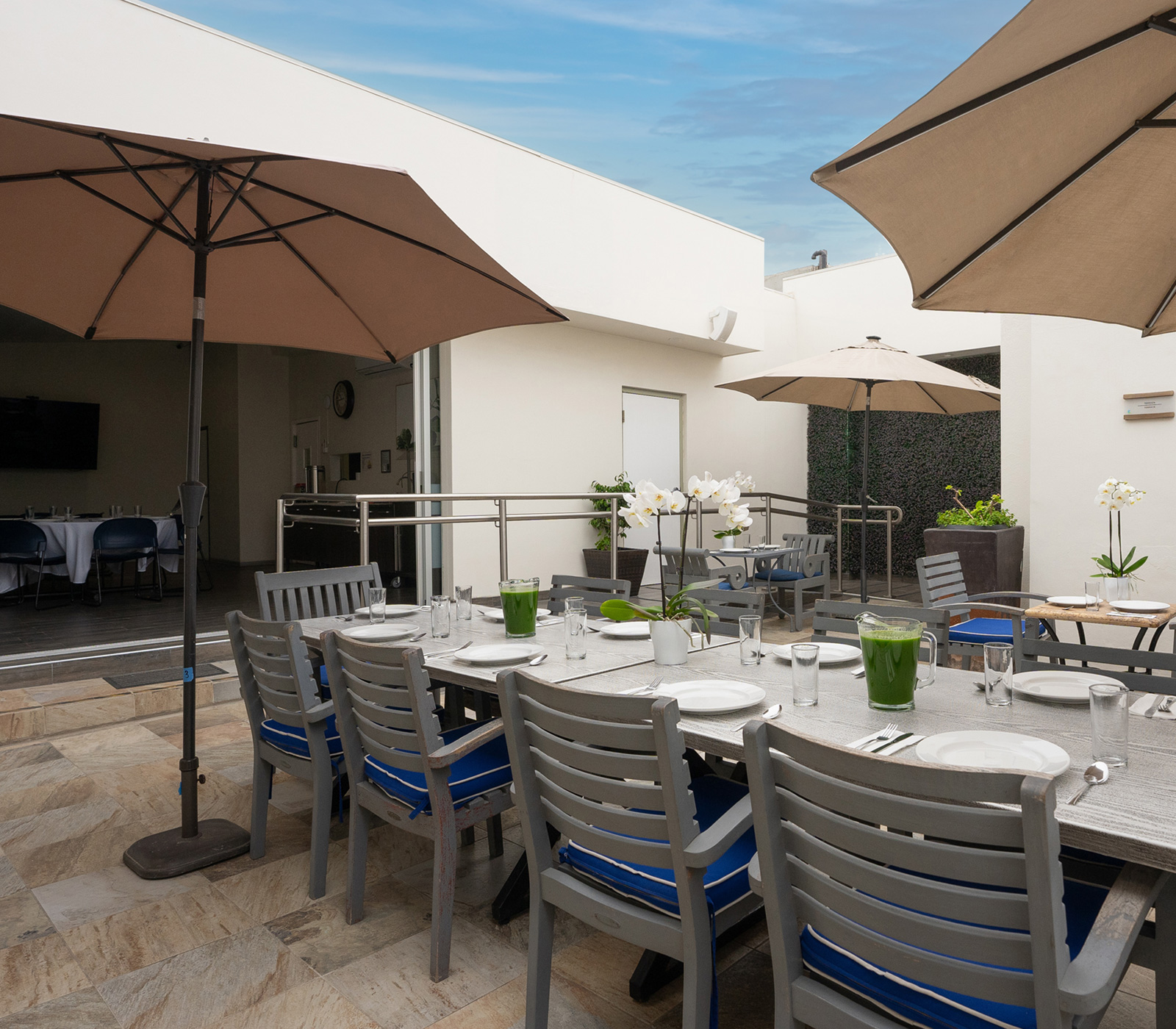 Exterior photo of a patio and table