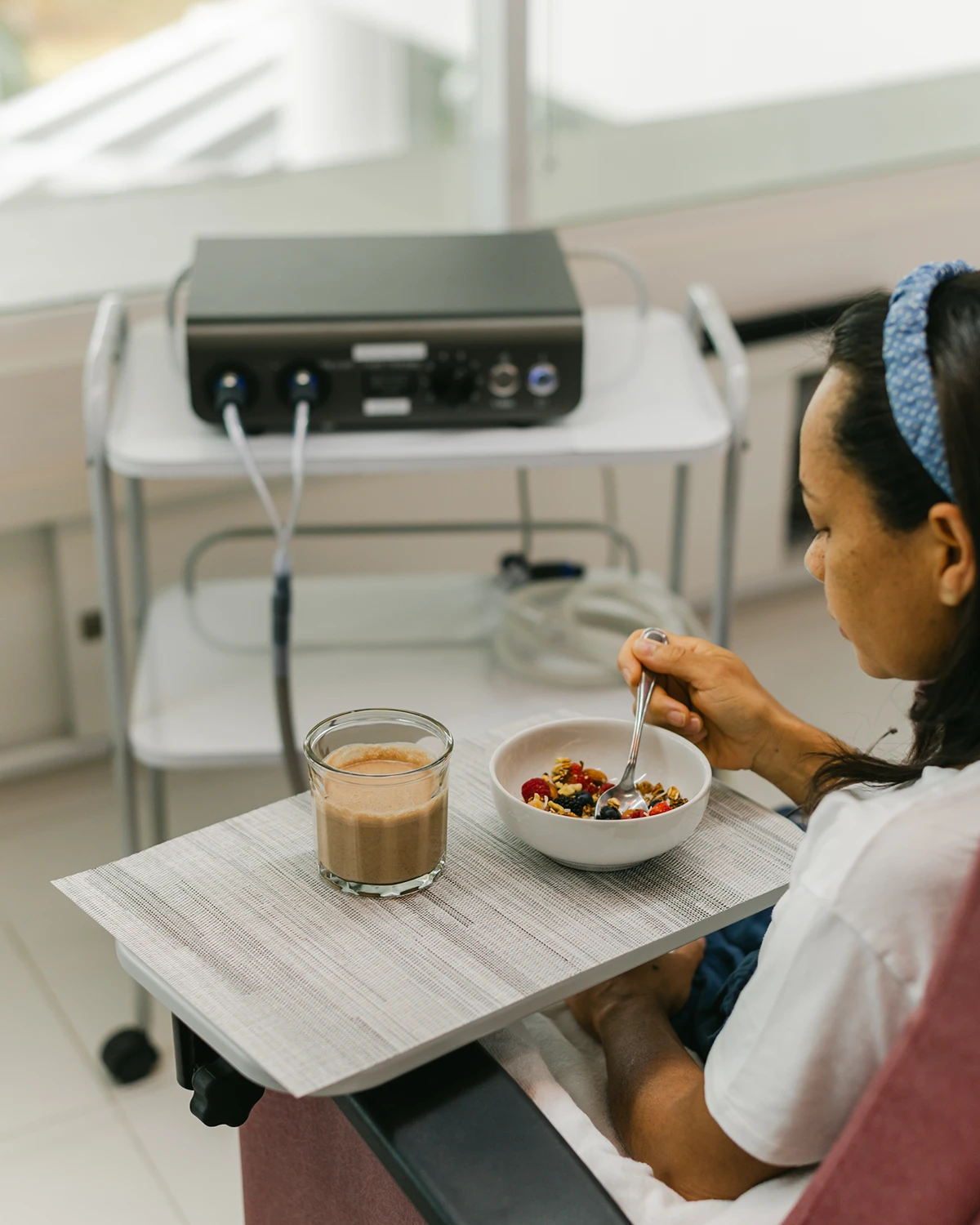 A patient eating breakfast