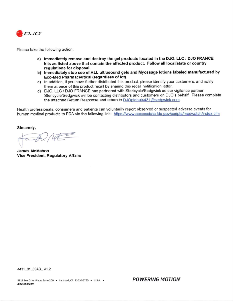 Djo Conductor Gel Recall Notice Page 3